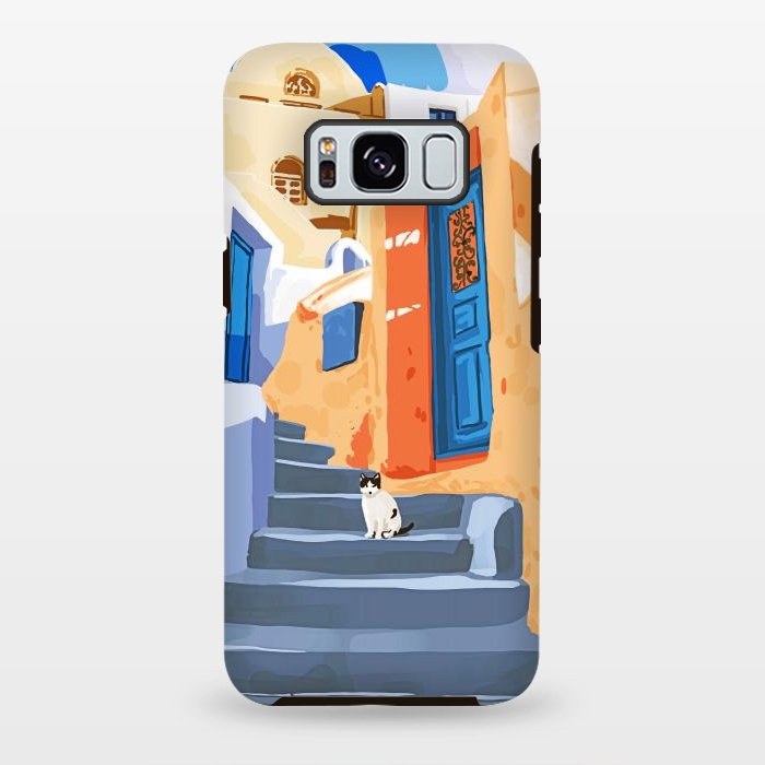 Galaxy S8 plus StrongFit Cat in Greece, Architecture Tropical Exotic Travel Places City, Bohemian Beachy Santorini Painting by Uma Prabhakar Gokhale