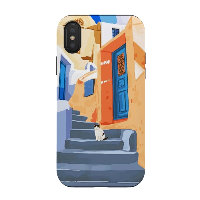iPhone Xs / X StrongFit Cat in Greece, Architecture Tropical Exotic Travel Places City, Bohemian Beachy Santorini Painting by Uma Prabhakar Gokhale