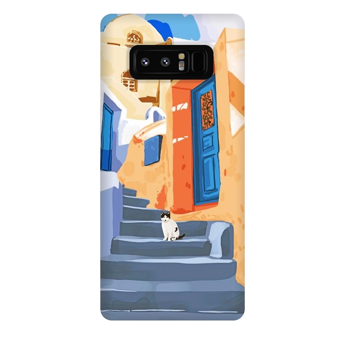 Galaxy Note 8 StrongFit Cat in Greece, Architecture Tropical Exotic Travel Places City, Bohemian Beachy Santorini Painting by Uma Prabhakar Gokhale