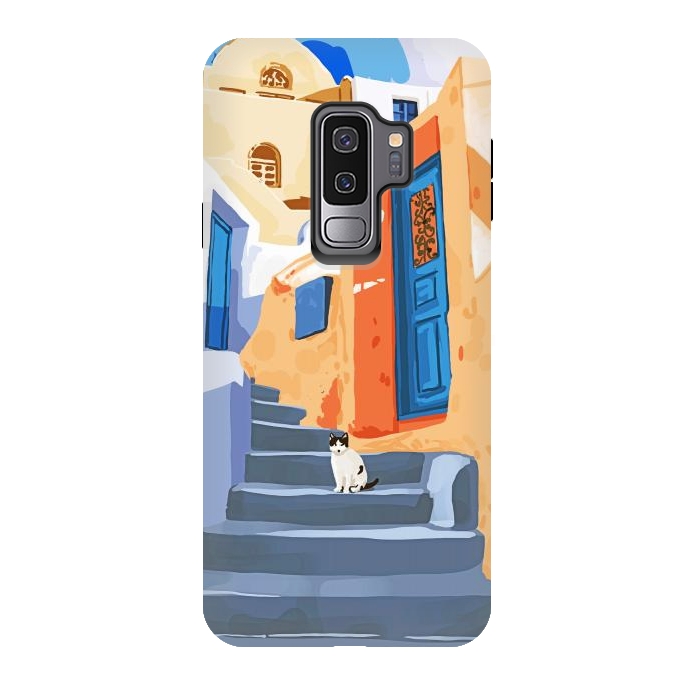 Galaxy S9 plus StrongFit Cat in Greece, Architecture Tropical Exotic Travel Places City, Bohemian Beachy Santorini Painting by Uma Prabhakar Gokhale