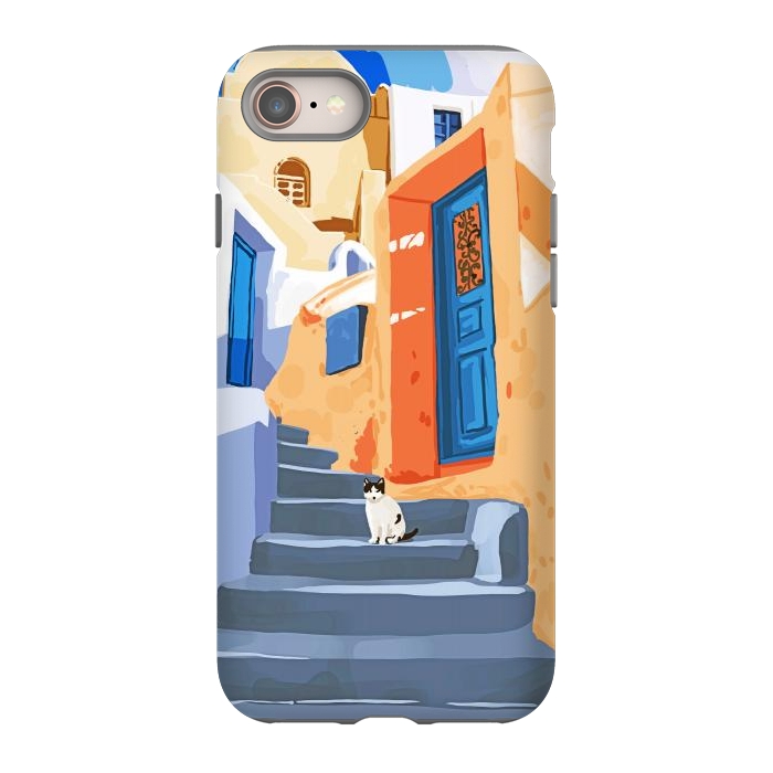iPhone 8 StrongFit Cat in Greece, Architecture Tropical Exotic Travel Places City, Bohemian Beachy Santorini Painting by Uma Prabhakar Gokhale