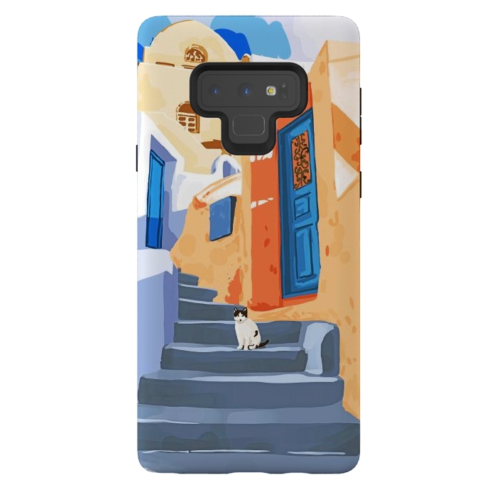 Galaxy Note 9 StrongFit Cat in Greece, Architecture Tropical Exotic Travel Places City, Bohemian Beachy Santorini Painting by Uma Prabhakar Gokhale