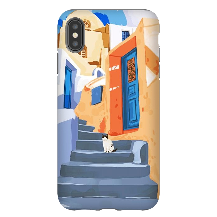 iPhone Xs Max StrongFit Cat in Greece, Architecture Tropical Exotic Travel Places City, Bohemian Beachy Santorini Painting by Uma Prabhakar Gokhale