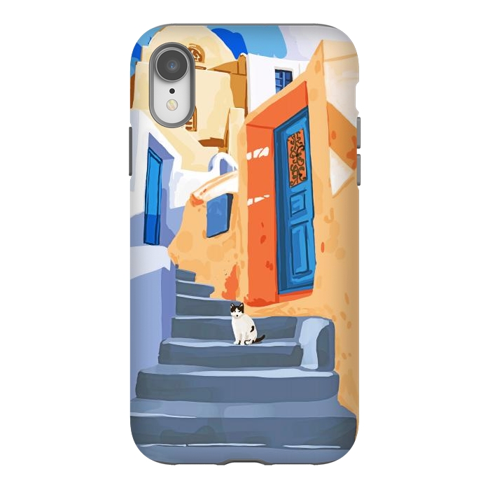 iPhone Xr StrongFit Cat in Greece, Architecture Tropical Exotic Travel Places City, Bohemian Beachy Santorini Painting by Uma Prabhakar Gokhale