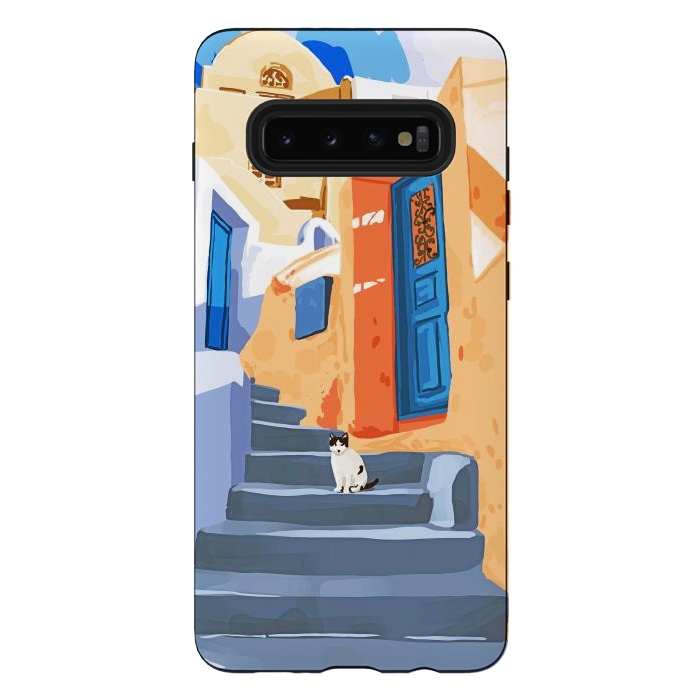 Galaxy S10 plus StrongFit Cat in Greece, Architecture Tropical Exotic Travel Places City, Bohemian Beachy Santorini Painting by Uma Prabhakar Gokhale