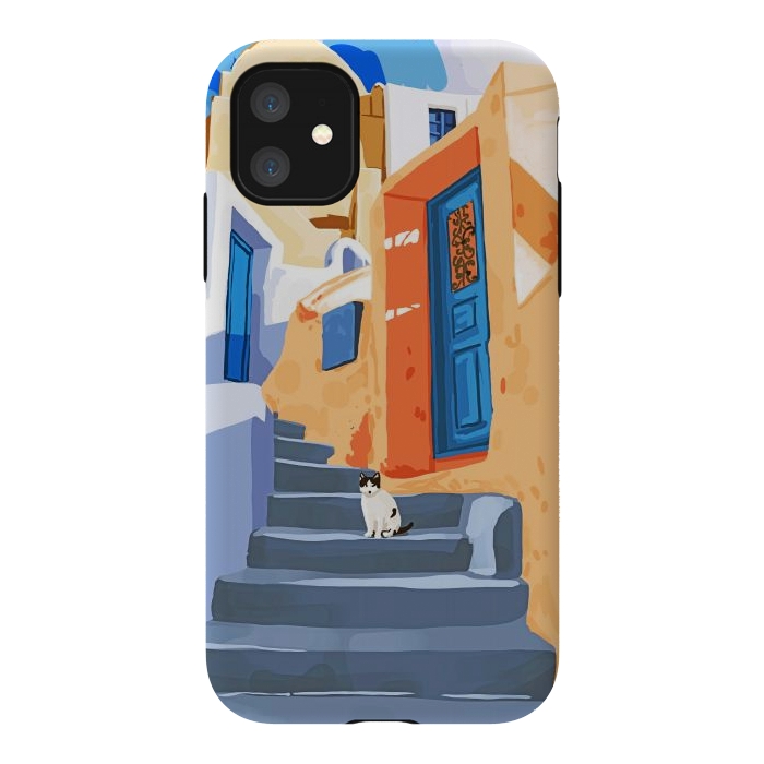 iPhone 11 StrongFit Cat in Greece, Architecture Tropical Exotic Travel Places City, Bohemian Beachy Santorini Painting by Uma Prabhakar Gokhale