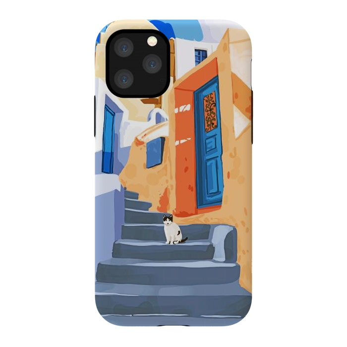 iPhone 11 Pro StrongFit Cat in Greece, Architecture Tropical Exotic Travel Places City, Bohemian Beachy Santorini Painting by Uma Prabhakar Gokhale