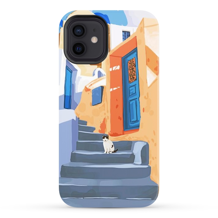 iPhone 12 StrongFit Cat in Greece, Architecture Tropical Exotic Travel Places City, Bohemian Beachy Santorini Painting by Uma Prabhakar Gokhale