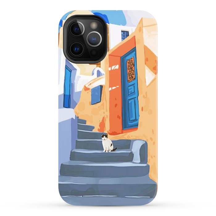 iPhone 12 Pro StrongFit Cat in Greece, Architecture Tropical Exotic Travel Places City, Bohemian Beachy Santorini Painting by Uma Prabhakar Gokhale
