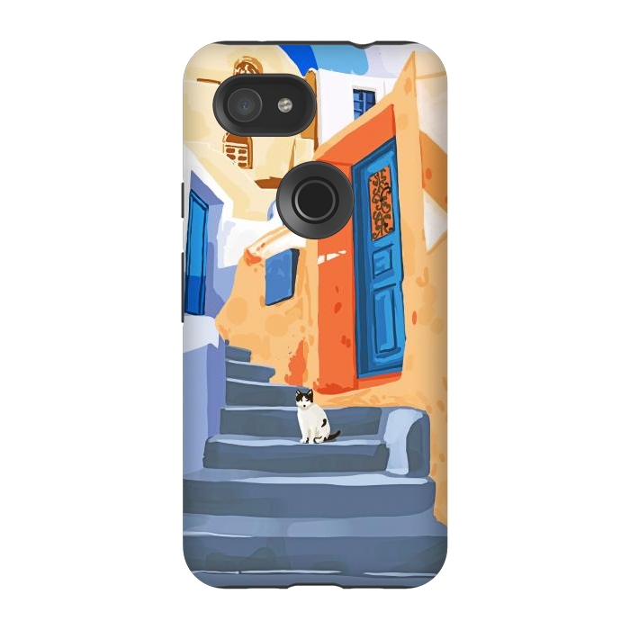 Pixel 3A StrongFit Cat in Greece, Architecture Tropical Exotic Travel Places City, Bohemian Beachy Santorini Painting by Uma Prabhakar Gokhale