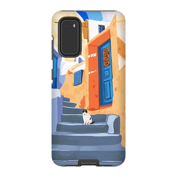 Galaxy S20 StrongFit Cat in Greece, Architecture Tropical Exotic Travel Places City, Bohemian Beachy Santorini Painting by Uma Prabhakar Gokhale