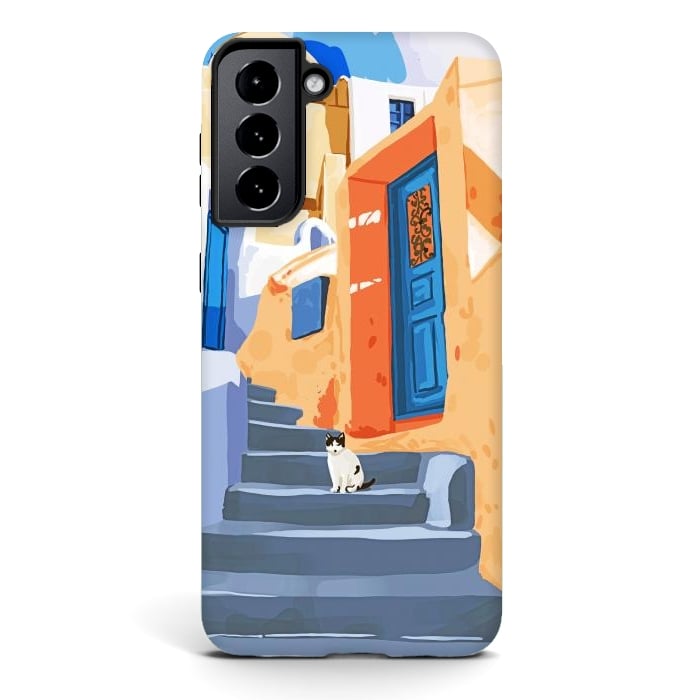 Galaxy S21 plus StrongFit Cat in Greece, Architecture Tropical Exotic Travel Places City, Bohemian Beachy Santorini Painting by Uma Prabhakar Gokhale