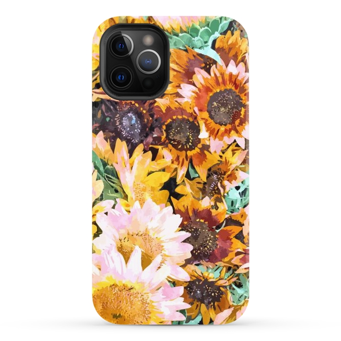 iPhone 12 Pro StrongFit Summer Sunflowers, Modern Bohemian Urban Jungle Painting, Botanical Floral Blush Garden Nature by Uma Prabhakar Gokhale