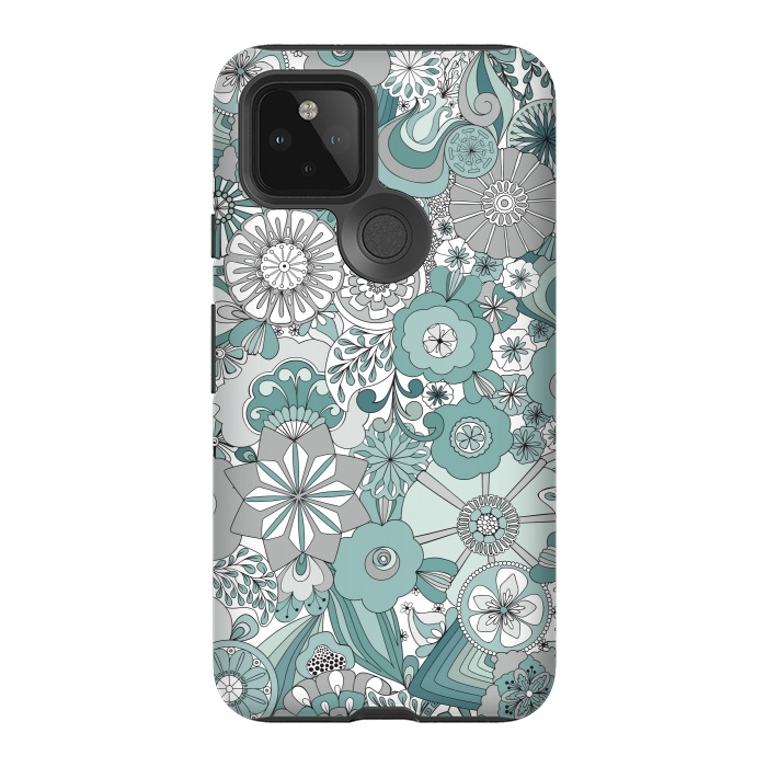 Pixel 5 StrongFit Flowers, Flowers Everywhere Teal and Gray by Paula Ohreen