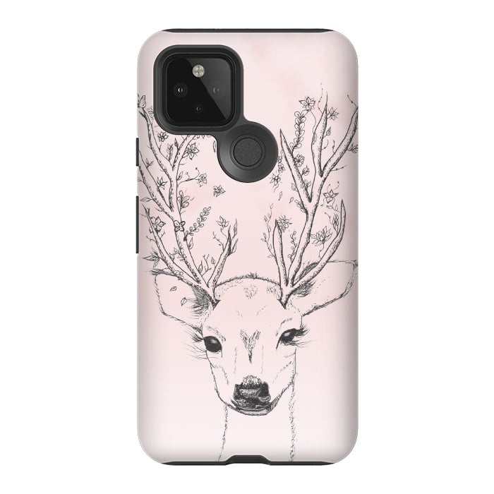 Pixel 5 StrongFit Cute Handdrawn Floral Deer Antlers Pink by Girly Trend