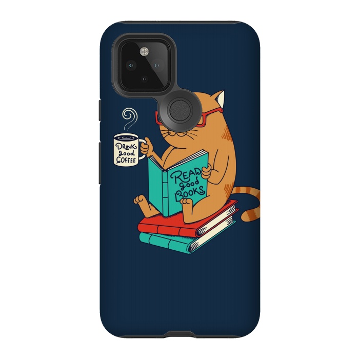 Pixel 5 StrongFit Cat drink good coffee read good books by Coffee Man