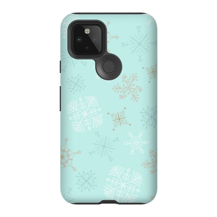 Pixel 5 StrongFit Wintery Gold Snowflakes on Blue by Paula Ohreen