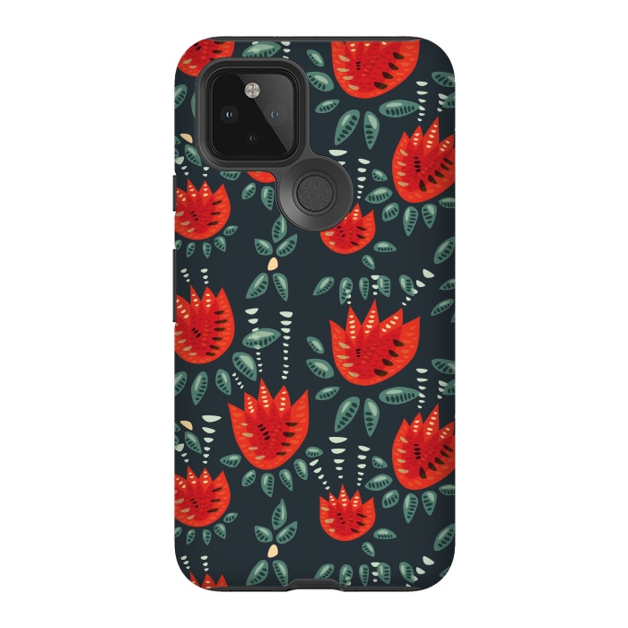 Pixel 5 StrongFit Red Tulips Dark Floral Pattern by Boriana Giormova