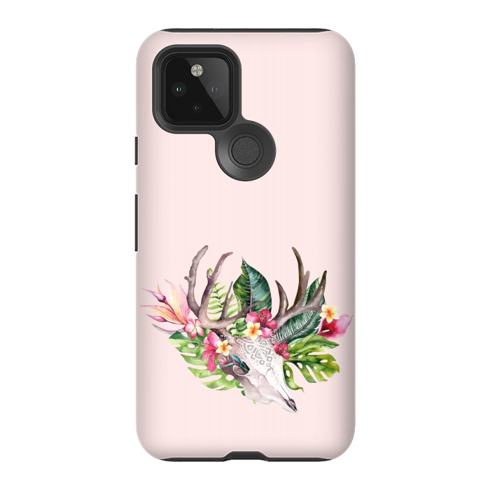 Pixel 5 StrongFit BOHO  Skull with tropical flowers and foliage by  Utart