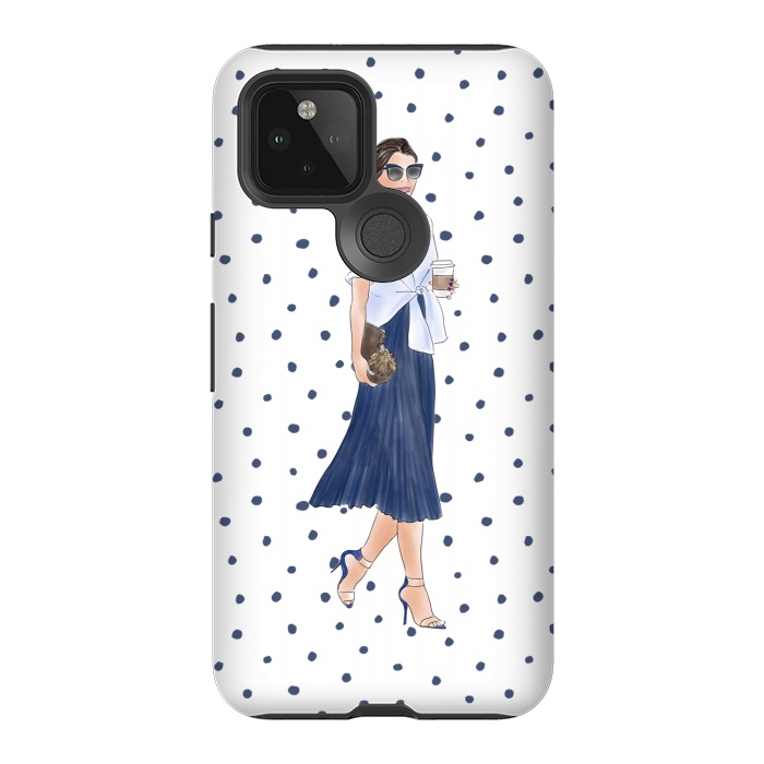 Pixel 5 StrongFit Fashion Coffee Girl with Blue Polka Dots by DaDo ART