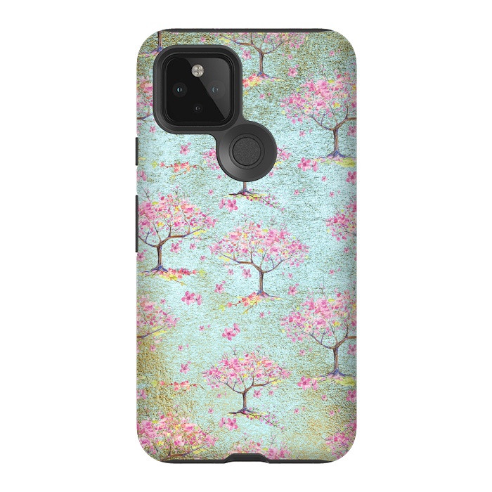Pixel 5 StrongFit Shiny Teal Spring Metal Cherry Blossom Tree Pattern by  Utart