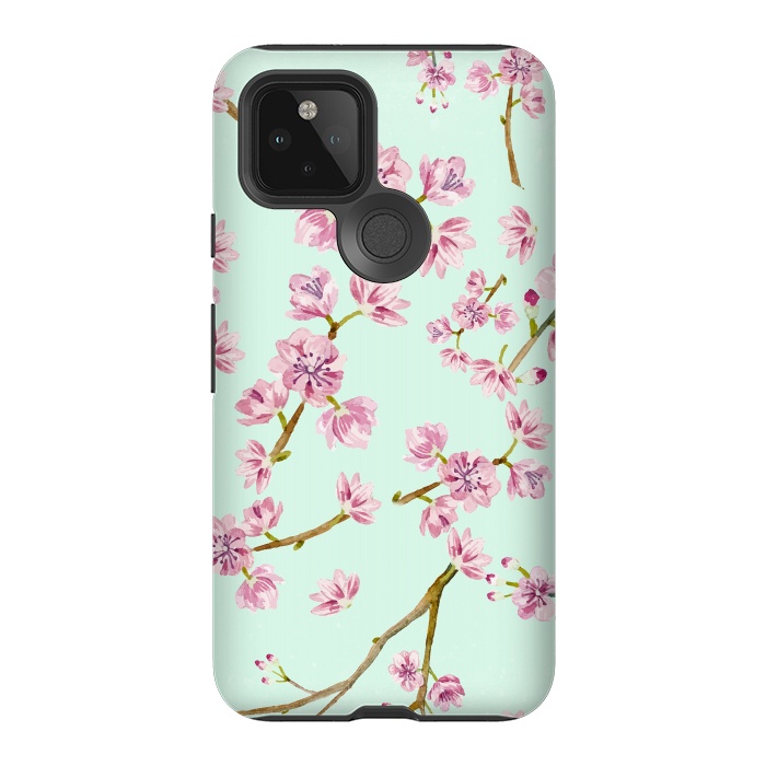 Pixel 5 StrongFit Aqua Teal and Pink Cherry Blossom Branch Spring Pattern by  Utart