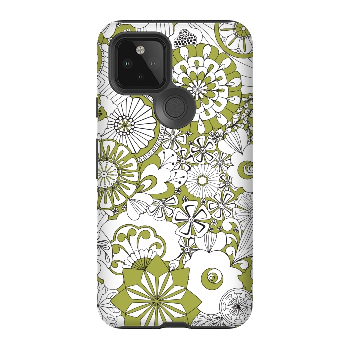 Pixel 5 StrongFit 70s Flowers - Green and White by Paula Ohreen