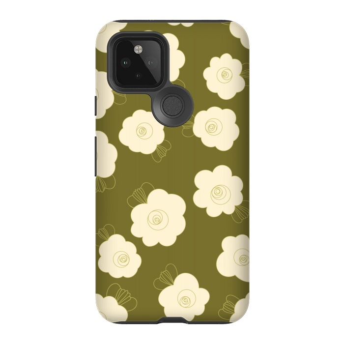Pixel 5 StrongFit Fluffy Flowers - Cream on Olive Green by Paula Ohreen