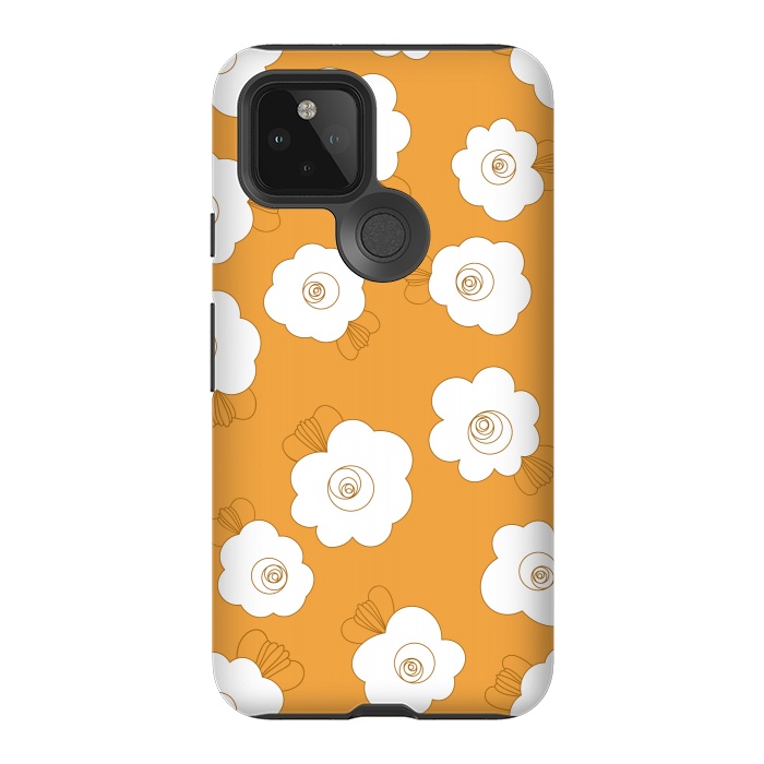 Pixel 5 StrongFit Fluffy Flowers - White on Pumpkin Orange by Paula Ohreen