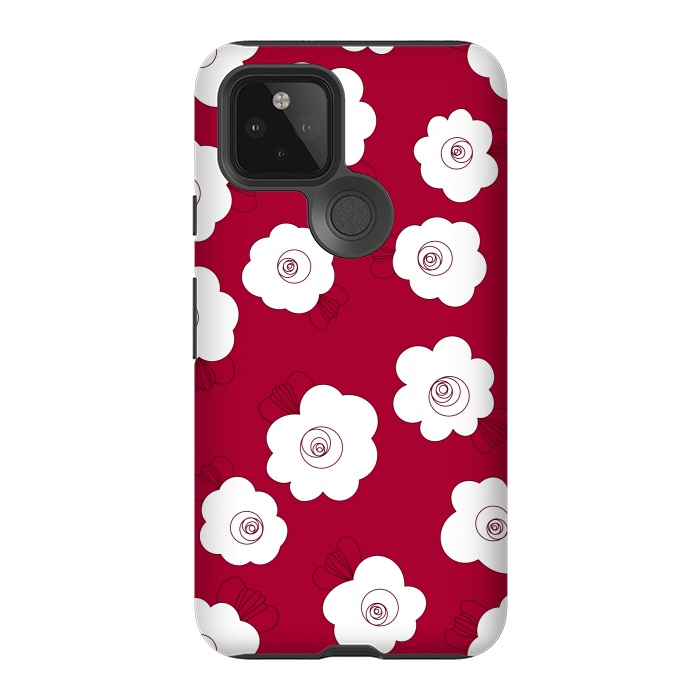 Pixel 5 StrongFit Fluffy Flowers - White on Red by Paula Ohreen