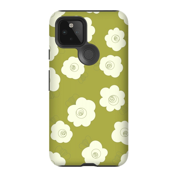 Pixel 5 StrongFit Fluffy Flowers - White on Grass Green by Paula Ohreen