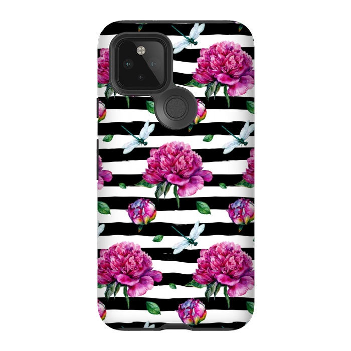 Pixel 5 StrongFit Black Stripes and Peonies by  Utart