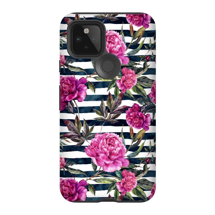 Pixel 5 StrongFit Pink peonies and black stripes by  Utart