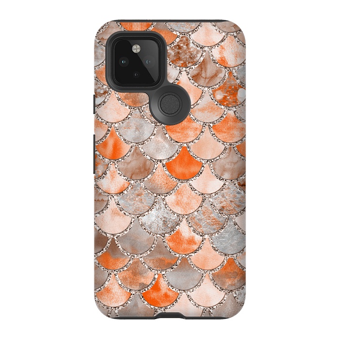 Pixel 5 StrongFit Salmon Peach and Silver Glitter WAtercolor Mermaid Scales by  Utart