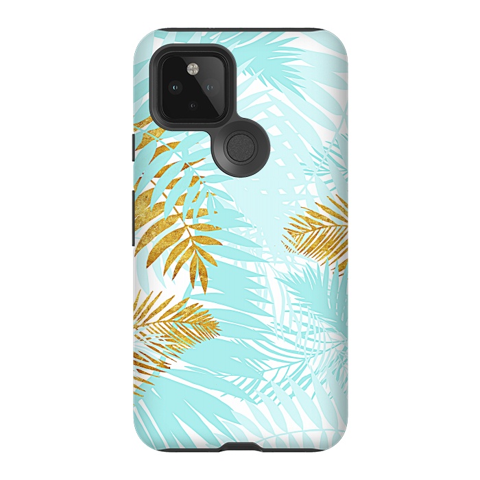 Pixel 5 StrongFit Teal and Gold Palm Leaves by  Utart