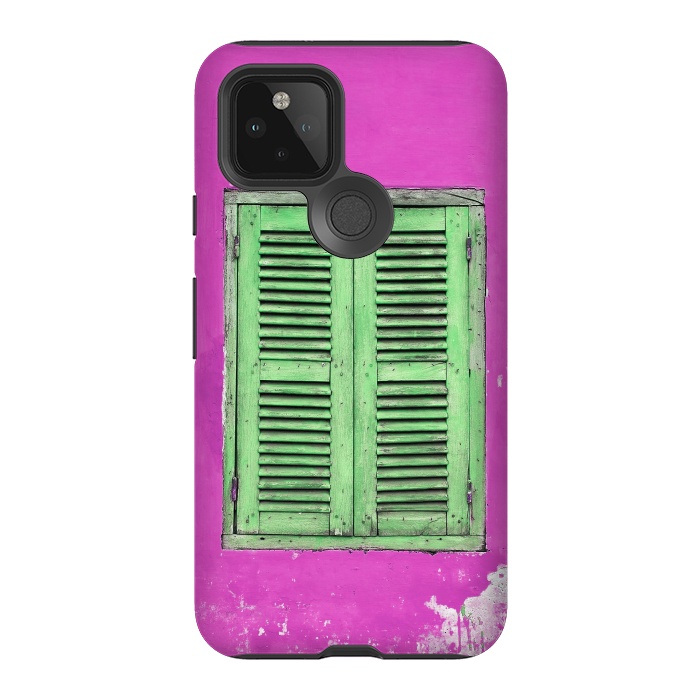 Pixel 5 StrongFit Turquoise Green Shutters In Pink Wall by Andrea Haase