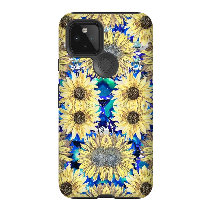 Pixel 5 StrongFit Watercolor painted sunflowers and blue foliage by Oana 
