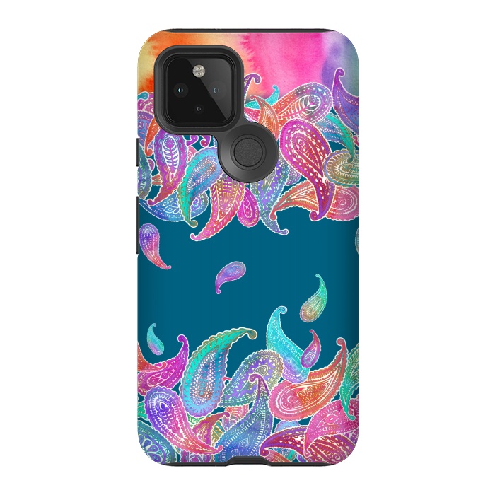 Pixel 5 StrongFit Rainbow Paisley Rain on Blue by Micklyn Le Feuvre
