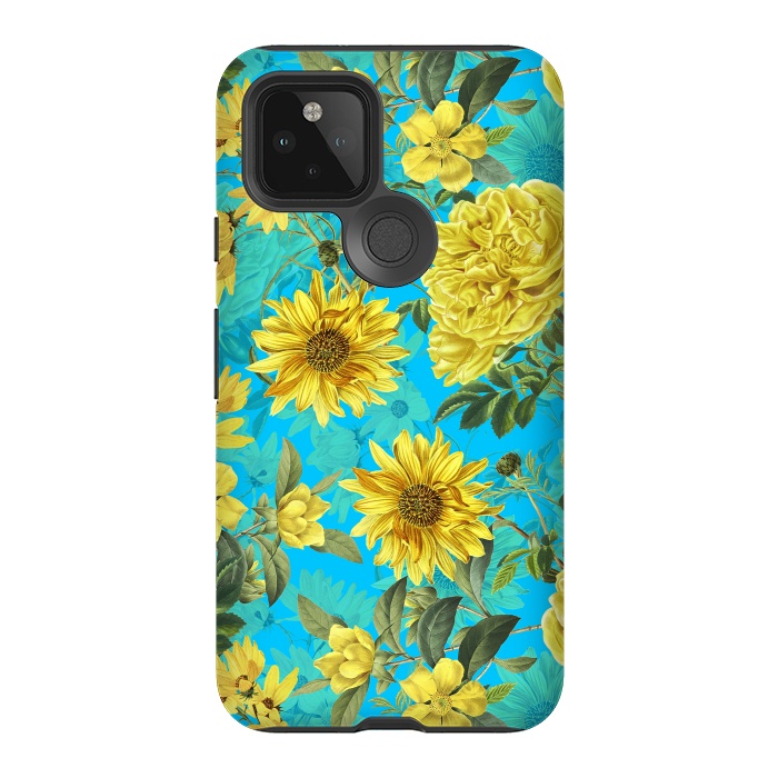Pixel 5 StrongFit Sunflowers and Yellow Roses on Teal Pattern by  Utart