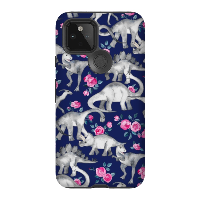 Pixel 5 StrongFit Dinosaurs and Roses on Dark Blue Purple by Micklyn Le Feuvre