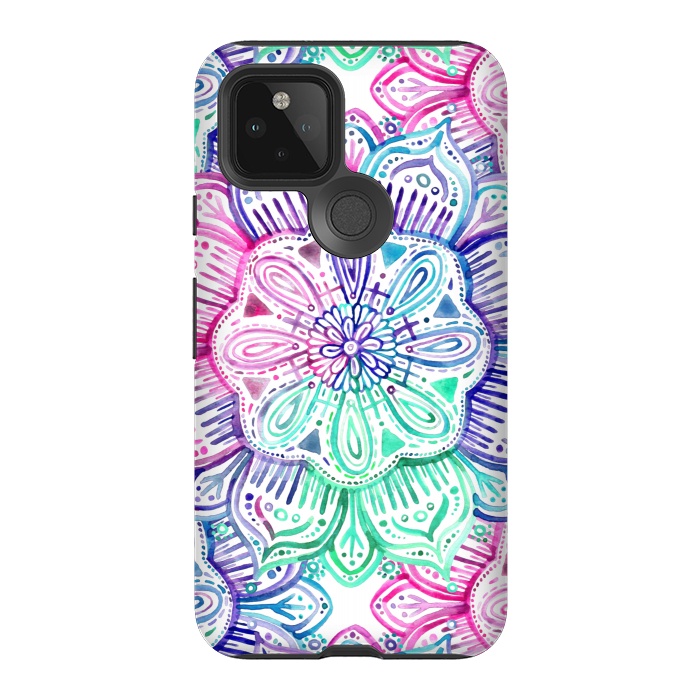 Pixel 5 StrongFit Watercolor Mandala in Mint, Magenta and Purple by Micklyn Le Feuvre