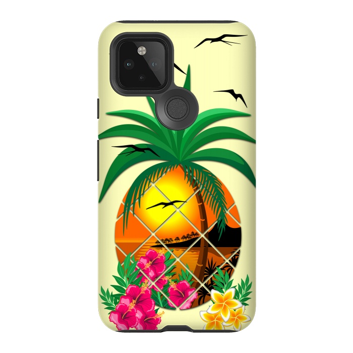 Pixel 5 StrongFit Pineapple Tropical Sunset, Palm Tree and Flowers by BluedarkArt