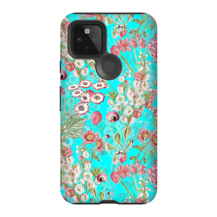 Pixel 5 StrongFit White & Pink Flowers on Teal by  Utart