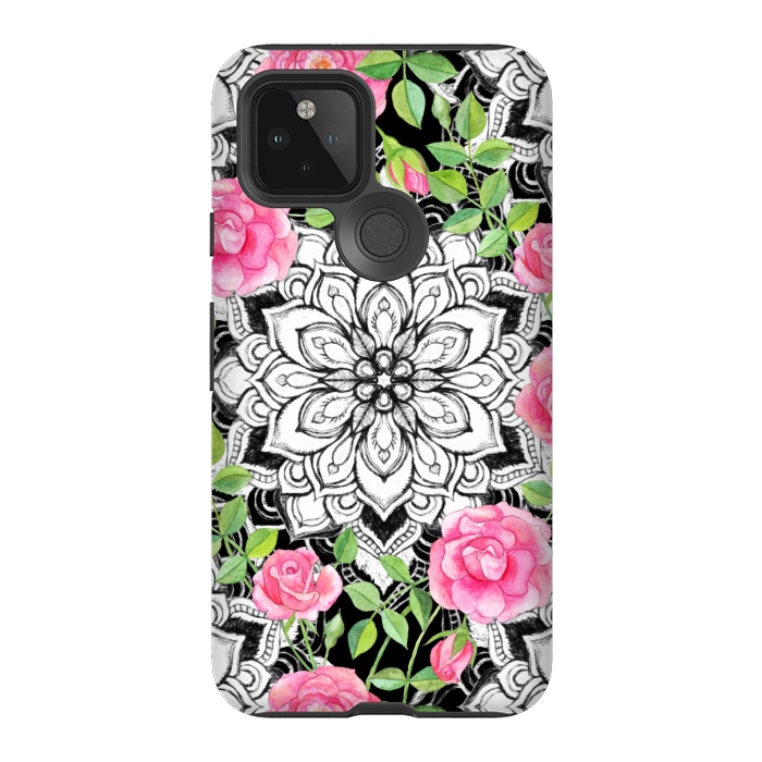 Pixel 5 StrongFit Peach Pink Roses and Mandalas on Black and White Lace by Micklyn Le Feuvre