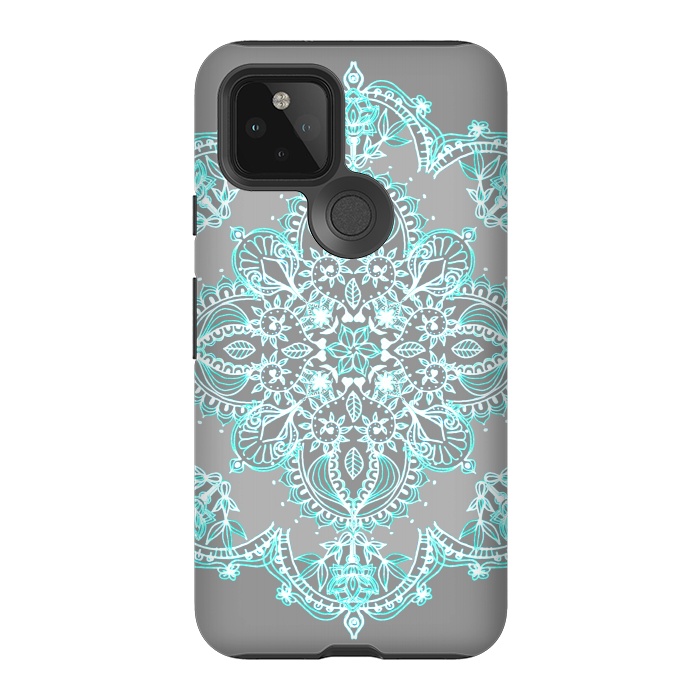 Pixel 5 StrongFit Teal and Aqua Lace Mandala on Grey  by Micklyn Le Feuvre