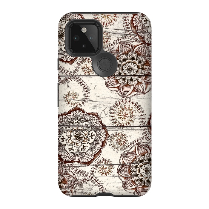 Pixel 5 StrongFit Coffee & Cocoa - brown & cream floral doodles on wood by Micklyn Le Feuvre