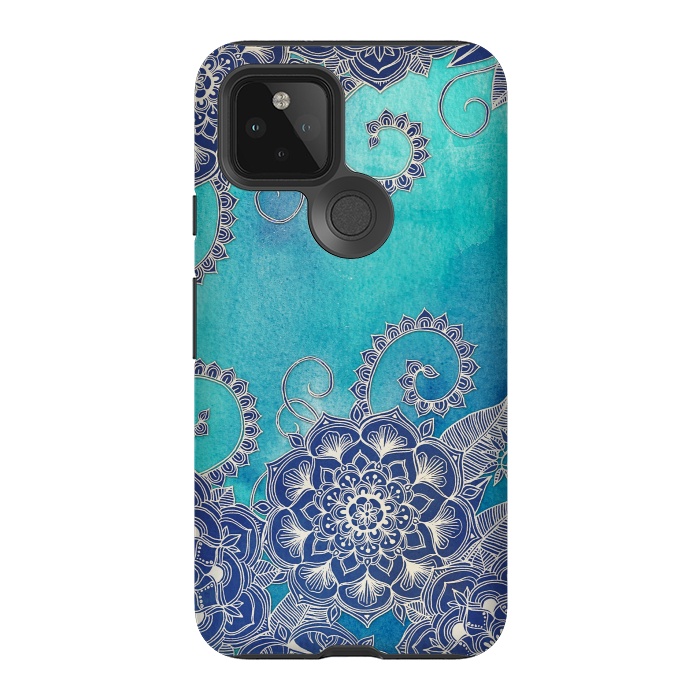 Pixel 5 StrongFit Mermaid's Garden - Navy & Teal Floral on Watercolor by Micklyn Le Feuvre