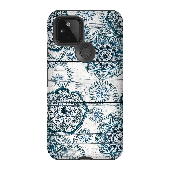 Pixel 5 StrongFit Navy Blue Floral Doodles on Wood by Micklyn Le Feuvre
