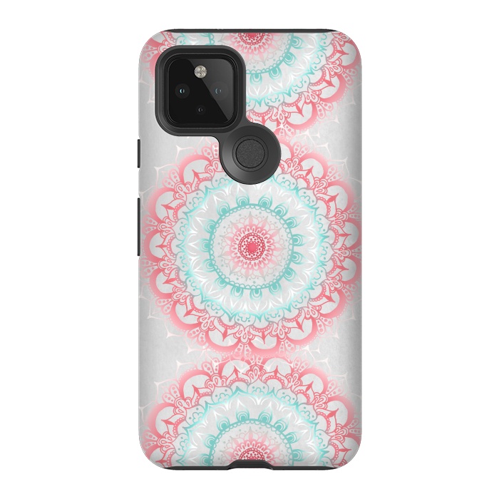 Pixel 5 StrongFit Faded Coral & Mint Mandalas on Grey by Tangerine-Tane