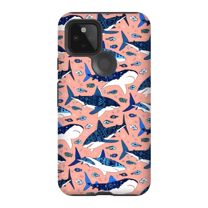 Pixel 5 StrongFit Tribal Sharks & Fish On Pink by Tigatiga